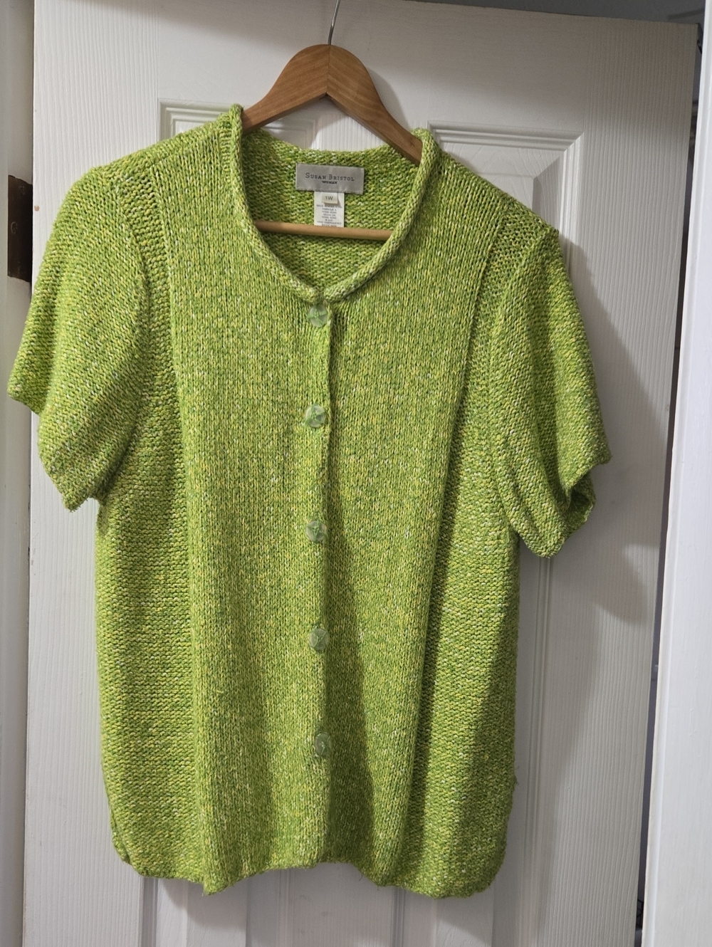Susan Bristol Lime Green Short-Sleeve Button Cardigan